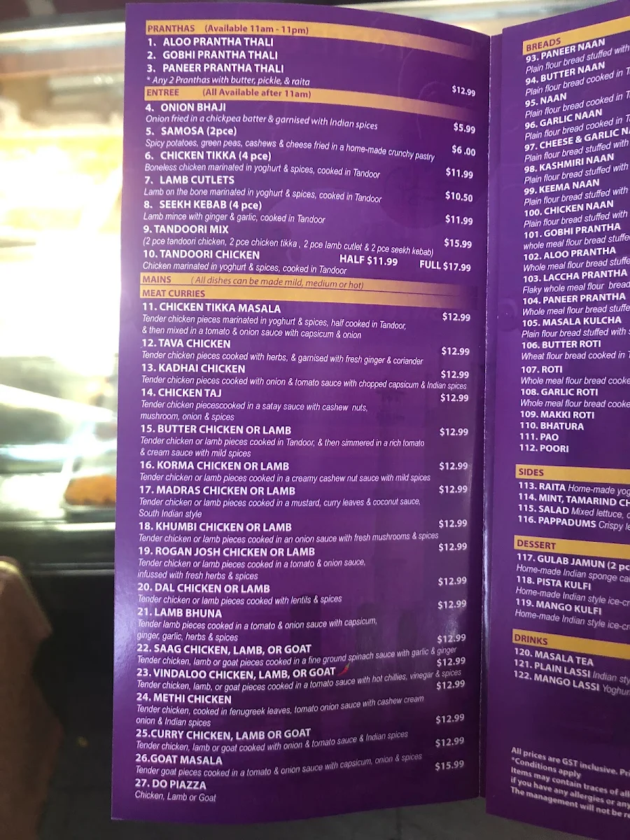 Menu, Taste of Taj Sweets and Indian Cuisine