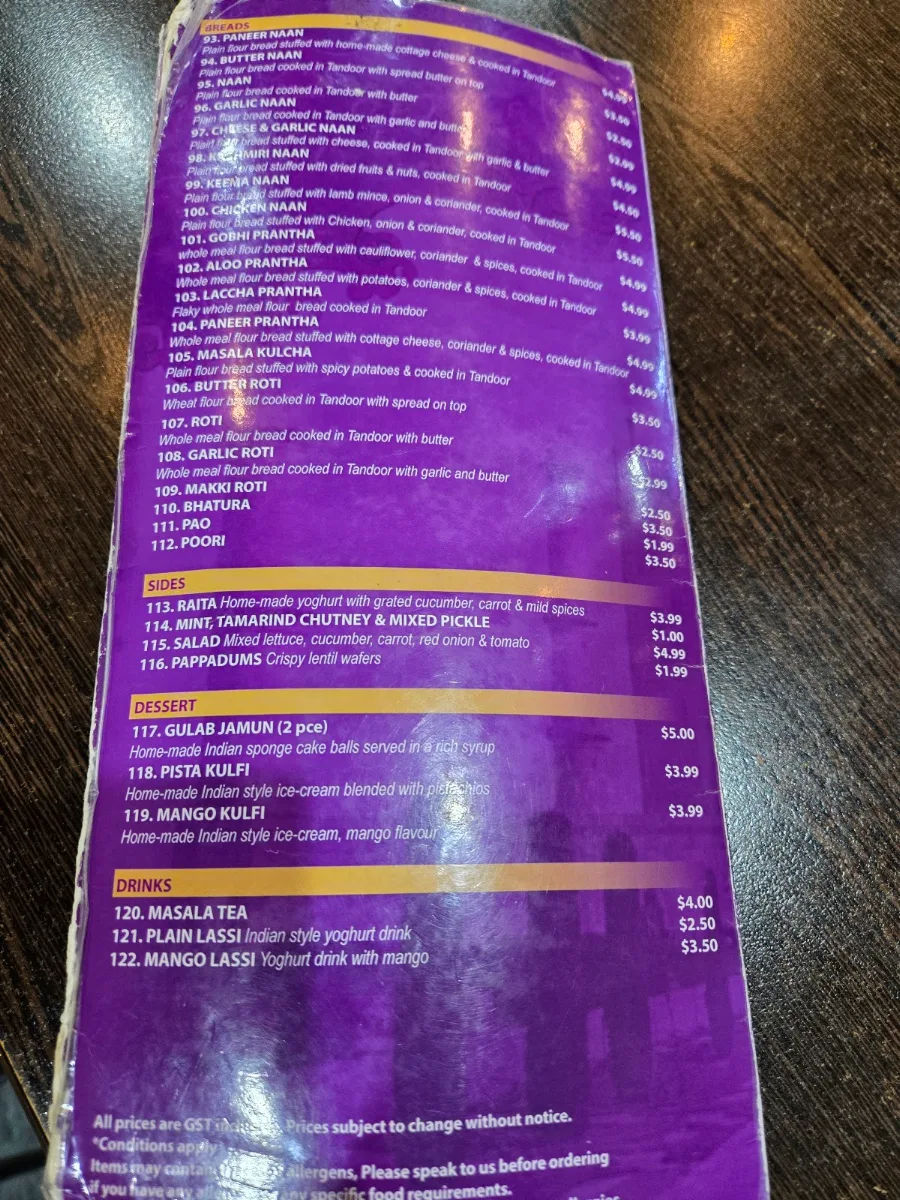 Menu, Taste of Taj Sweets and Indian Cuisine