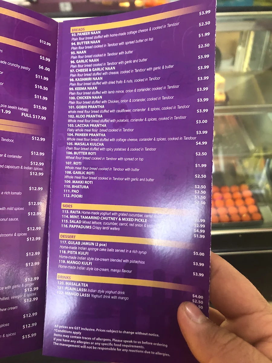 Menu, Taste of Taj Sweets and Indian Cuisine