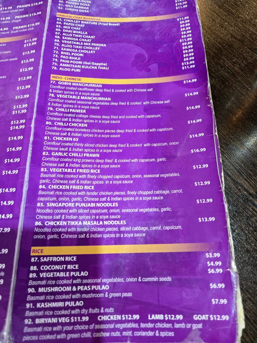 Menu, Taste of Taj Sweets and Indian Cuisine