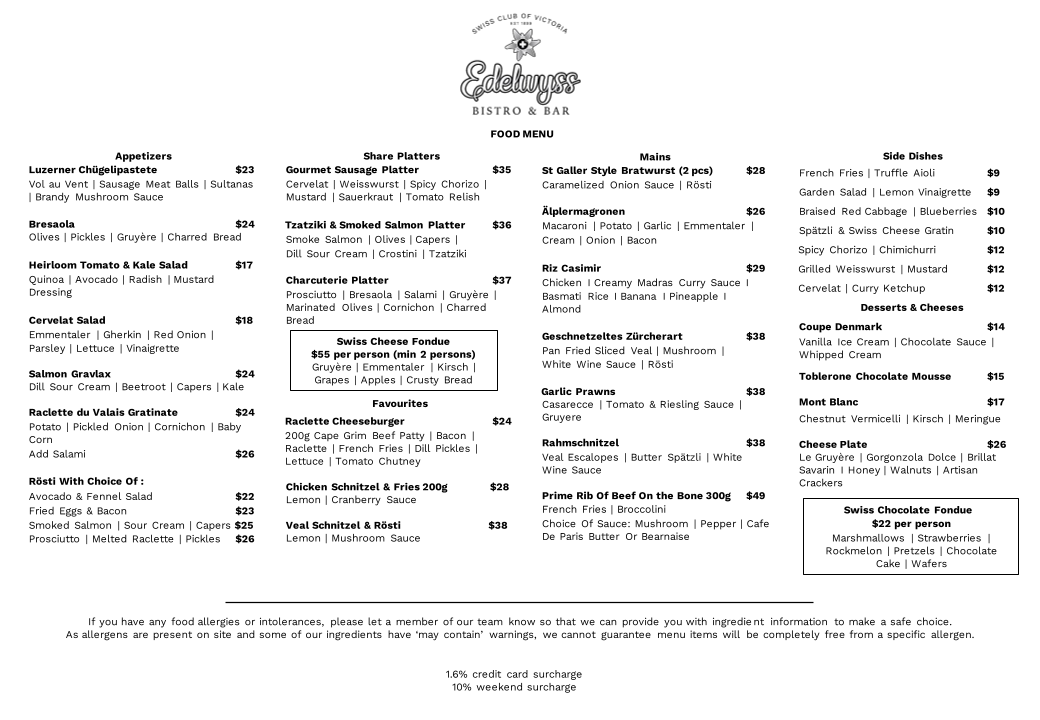 Menu, Edelwyss Bistro & Bar