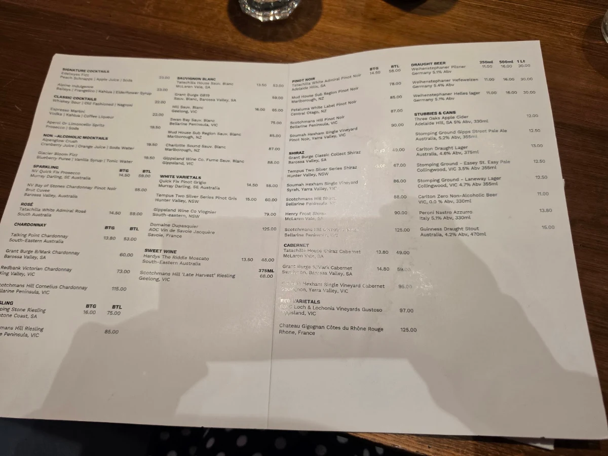 Menu, Edelwyss Bistro & Bar