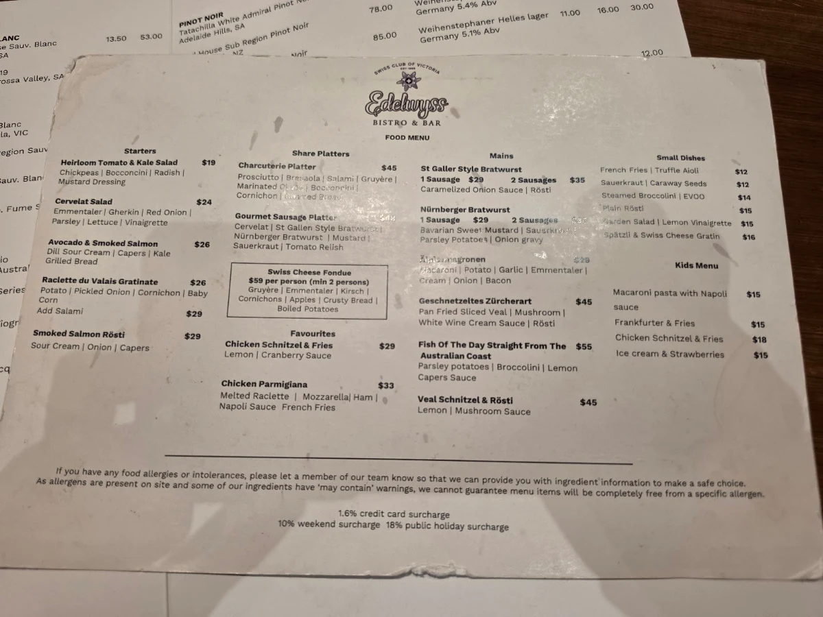 Menu, Edelwyss Bistro & Bar