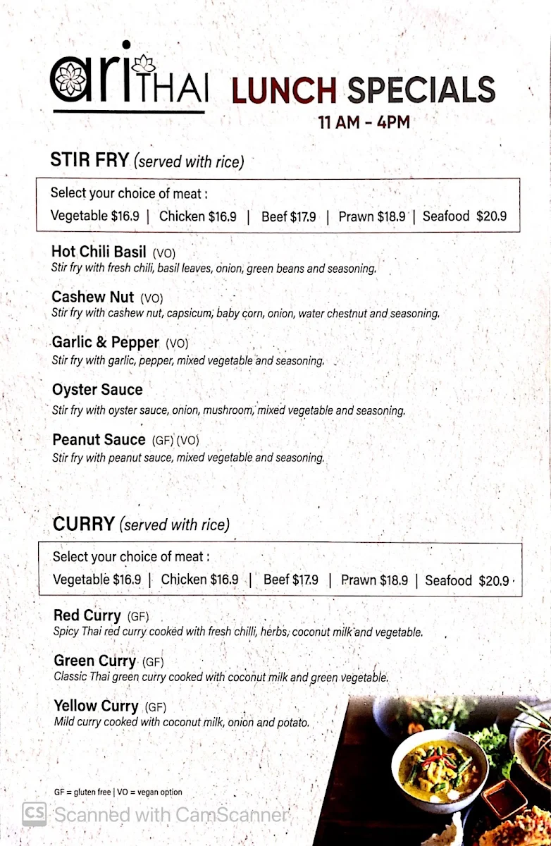 Menu, Ari Thai Kitchen & Bar