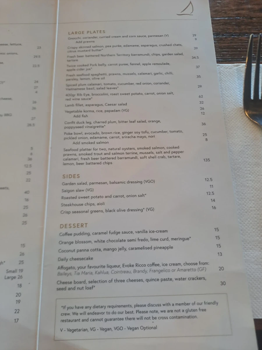 Menu, Boatshed Cafe