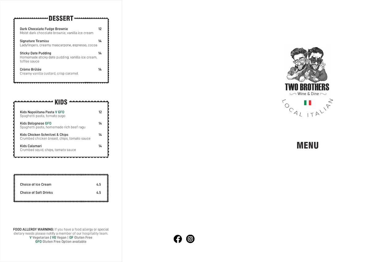 Menu, Two Brothers Wine & Dine