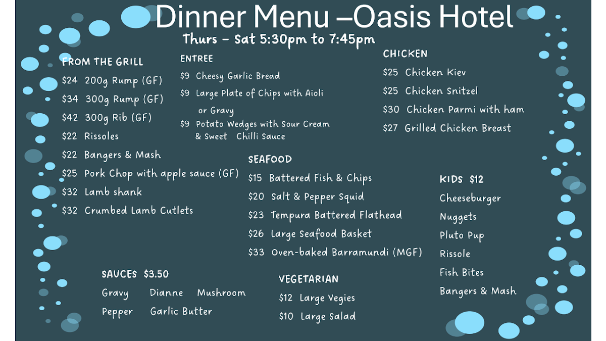 Menu, Oasis Hotel Yelarbon