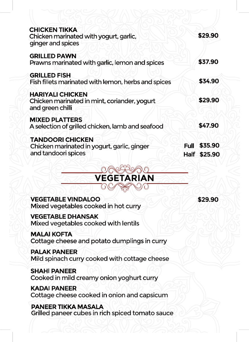 Menu, Amrapali Indian Restaurant