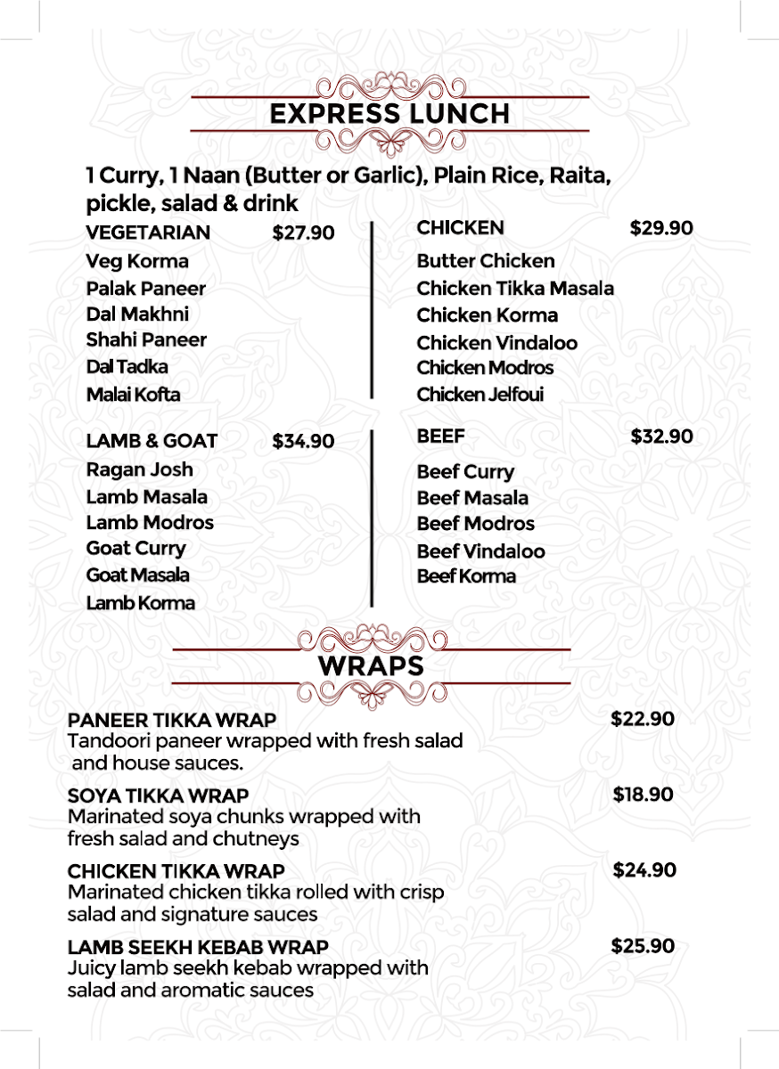 Menu, Amrapali Indian Restaurant