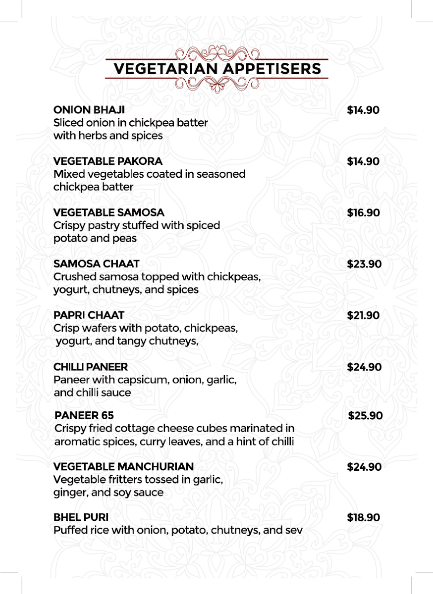 Menu, Amrapali Indian Restaurant