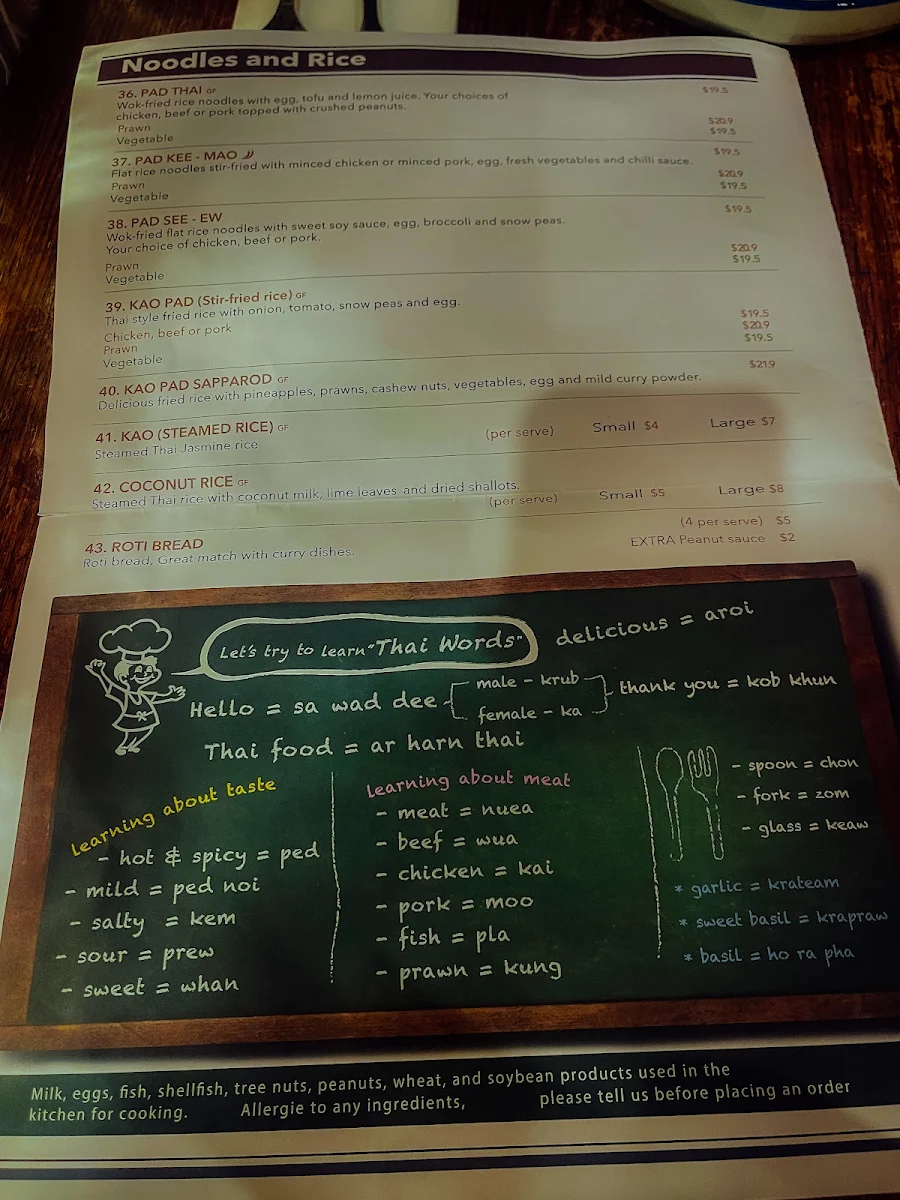 Menu, Mango Tree Thai Bentleigh