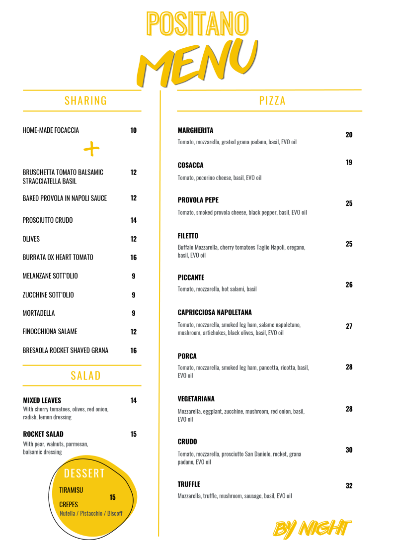 Menu, Pizza Bar Positano