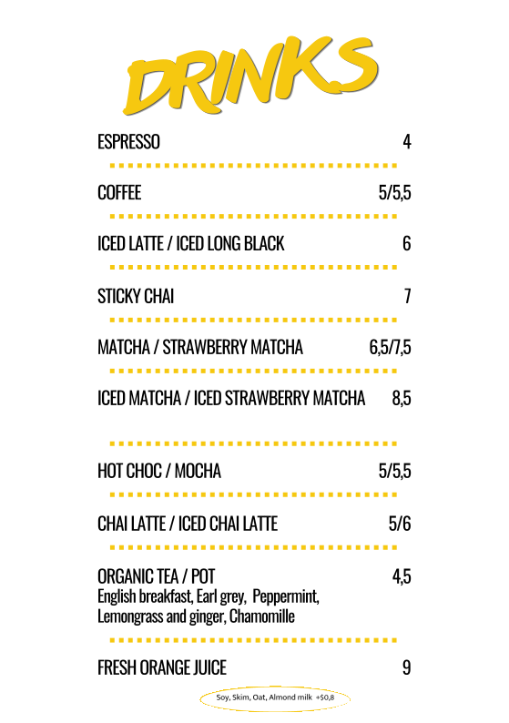 Menu, Pizza Bar Positano