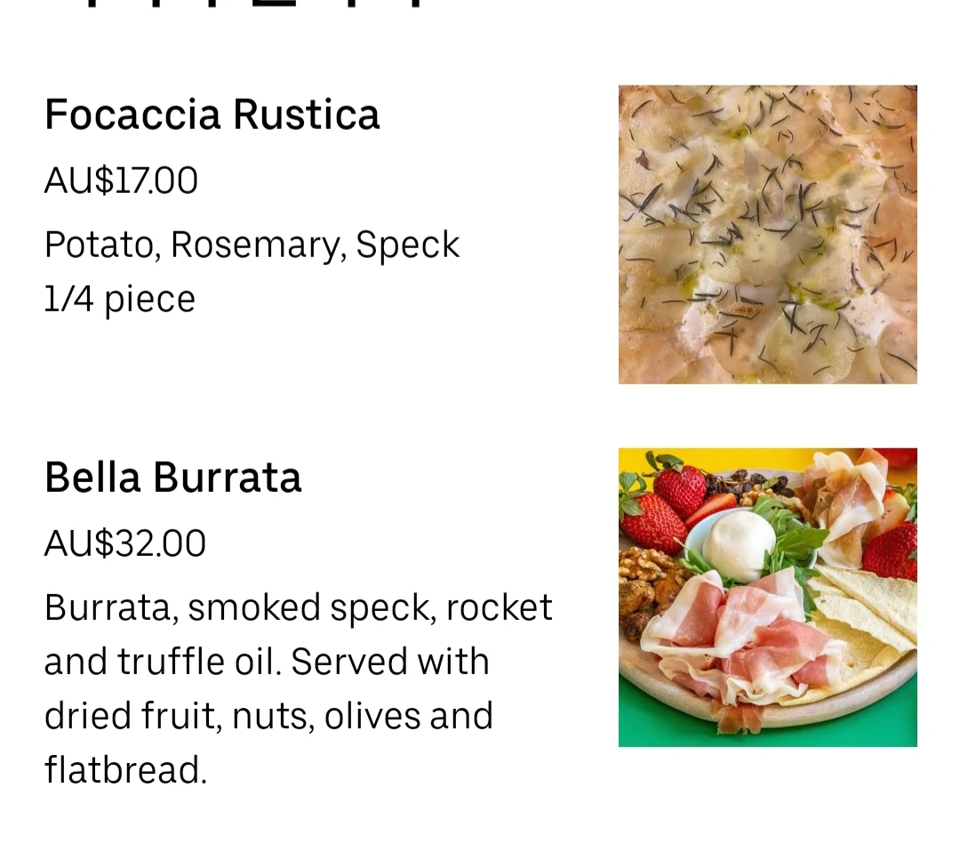 Menu, Pizza Bar Positano