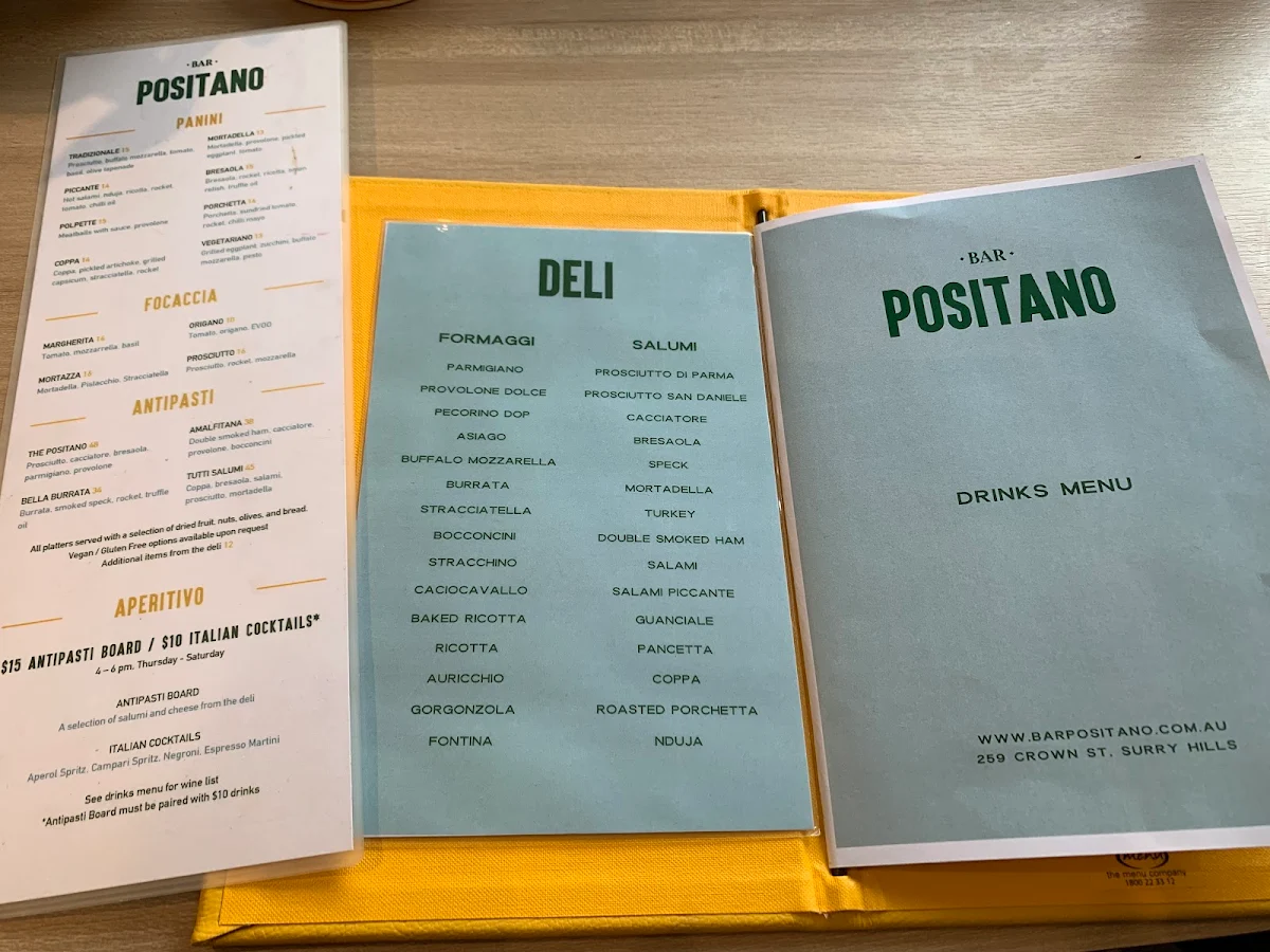 Menu, Pizza Bar Positano
