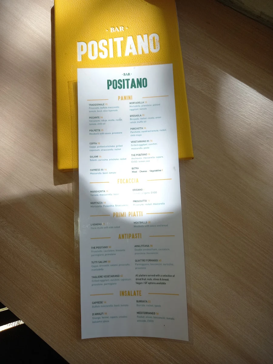 Menu, Pizza Bar Positano
