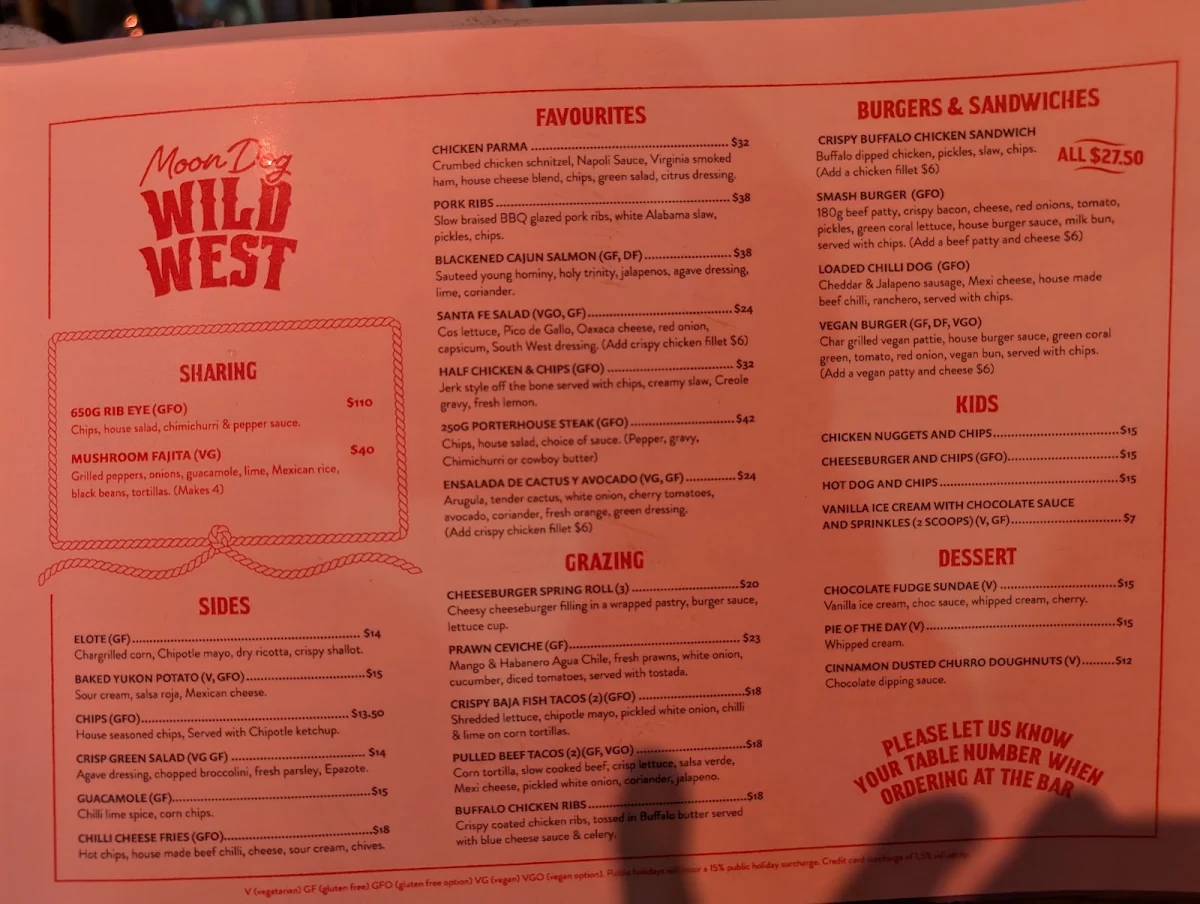Menu, Moon Dog Wild West