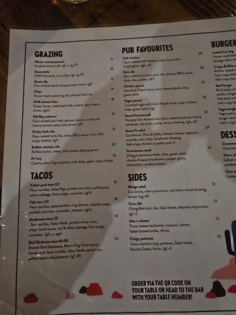 Menu, Moon Dog Wild West
