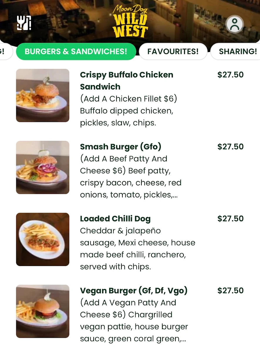 Menu, Moon Dog Wild West