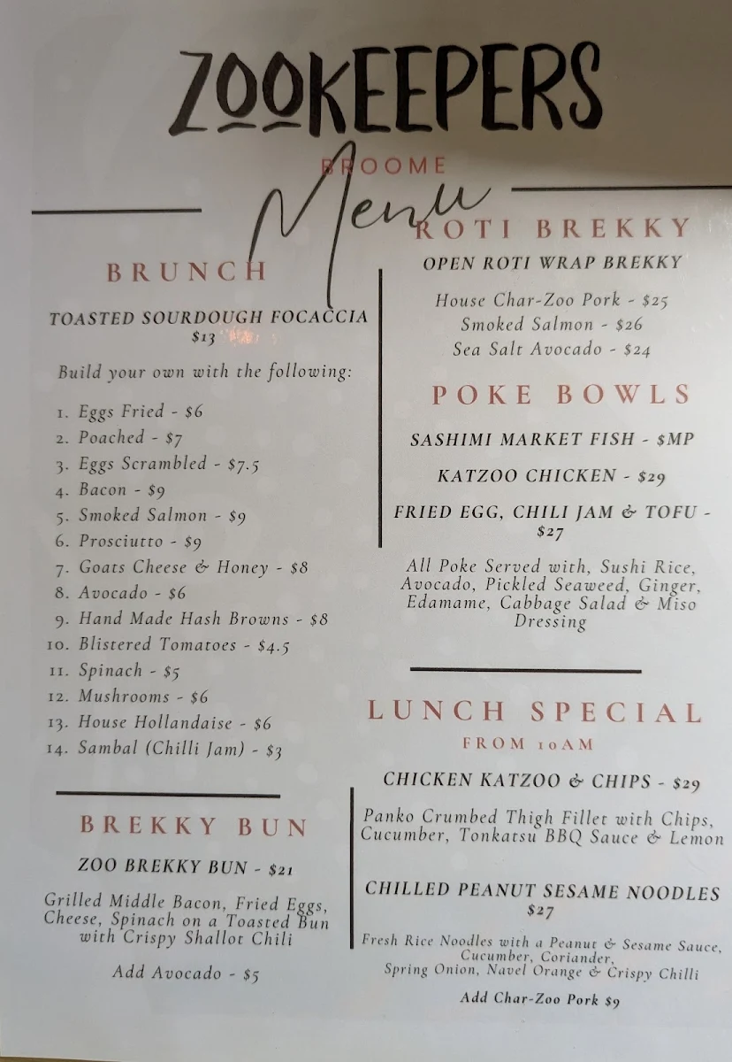 Menu, Zookeepers Broome