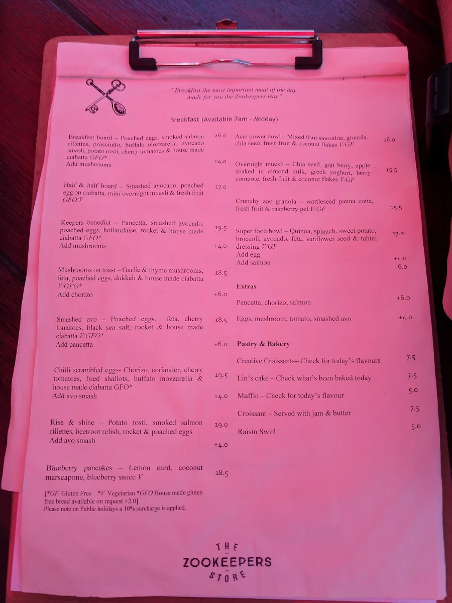 Menu, Zookeepers Broome
