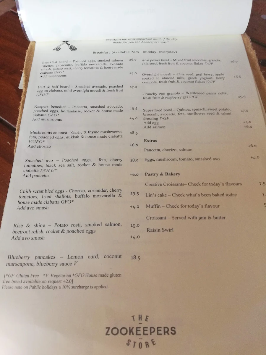 Menu, Zookeepers Broome