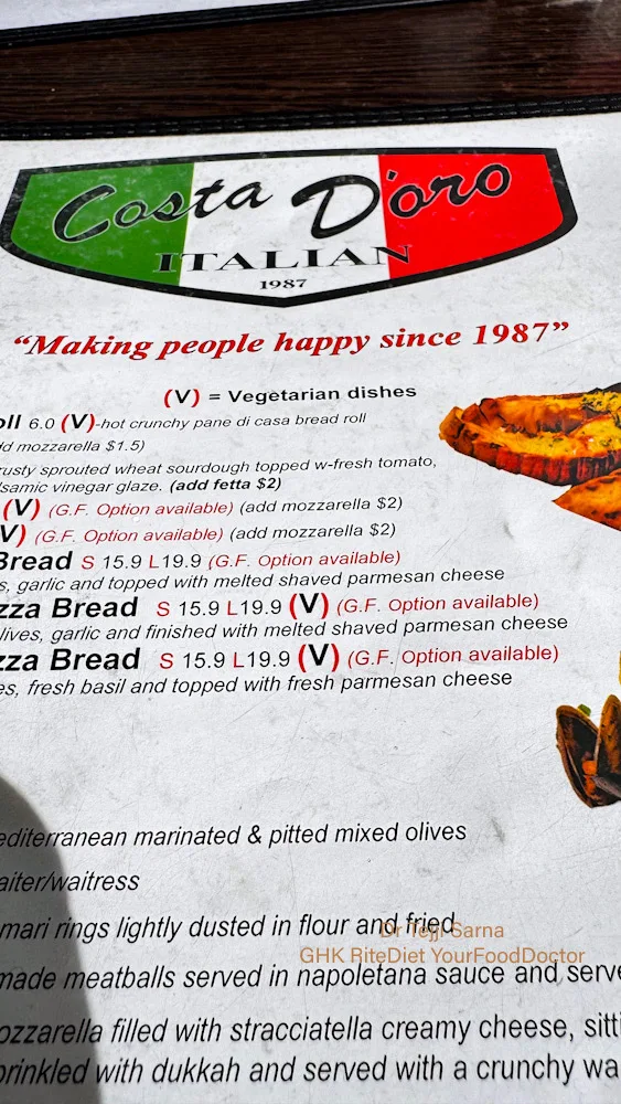 Menu, Costa D'oro Italian Restaurant & Pizzeria