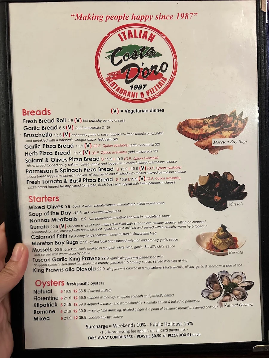 Menu, Costa D'oro Italian Restaurant & Pizzeria