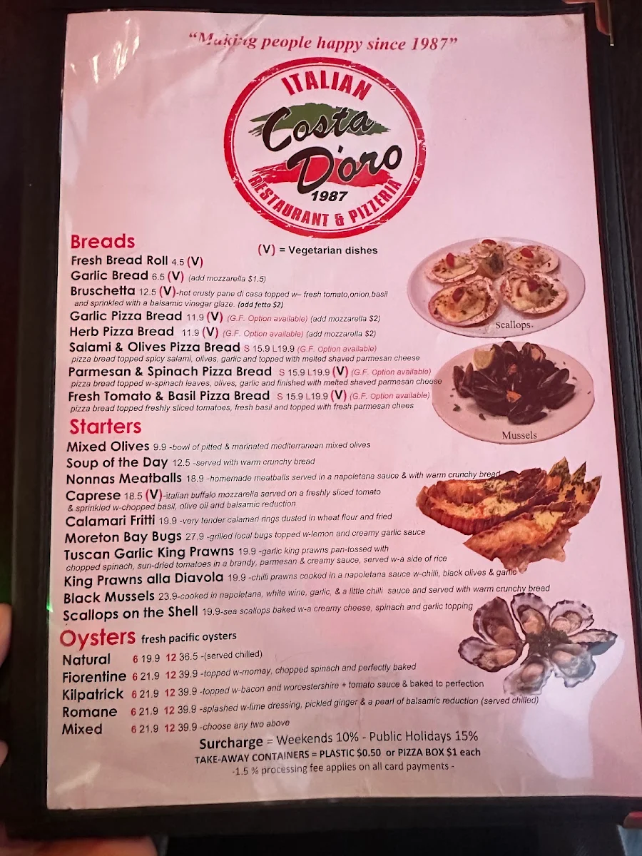 Menu, Costa D'oro Italian Restaurant & Pizzeria