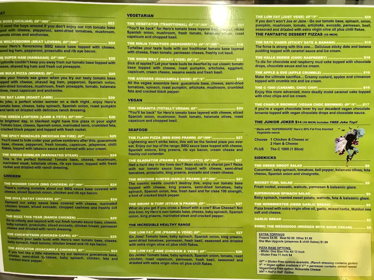 Menu, Hero's Pizza (TOPITZA)