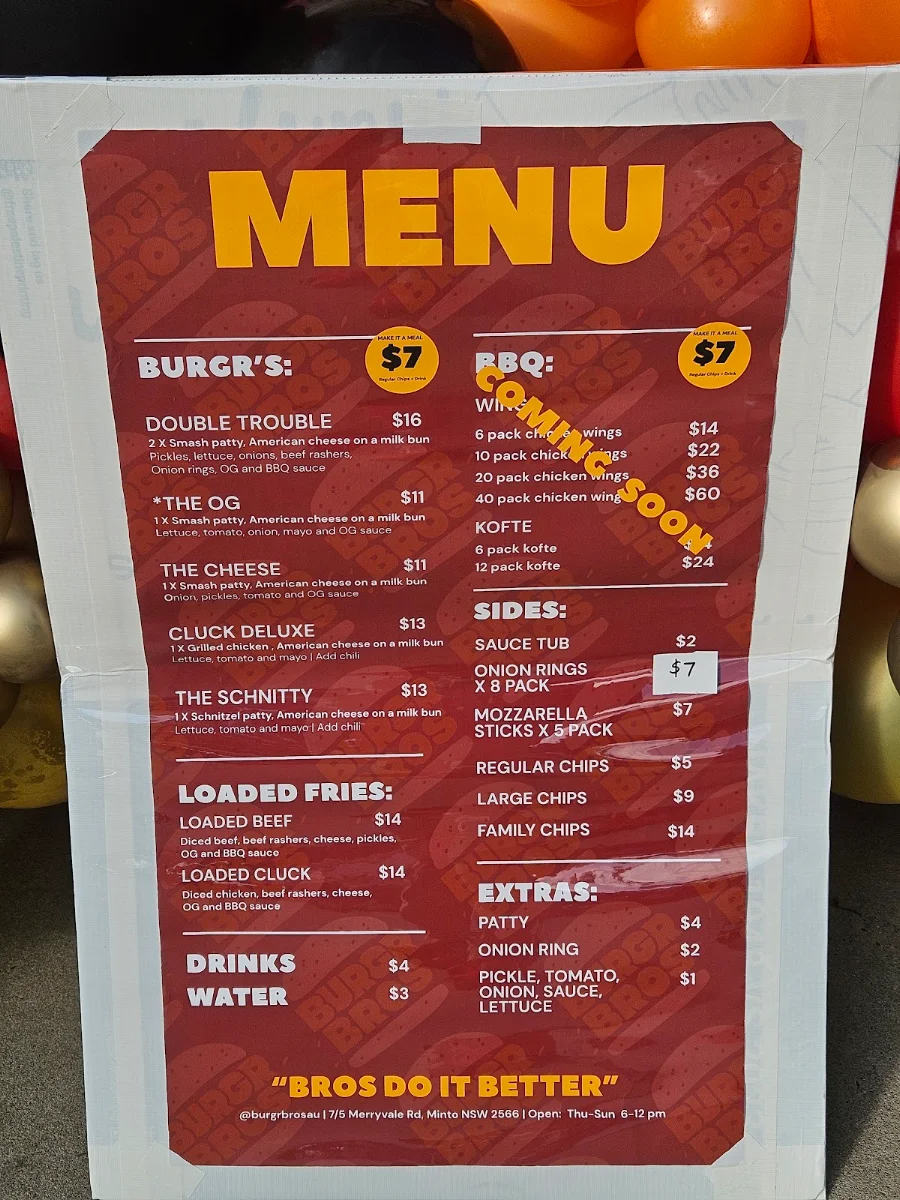 Menu, Burgr Bros