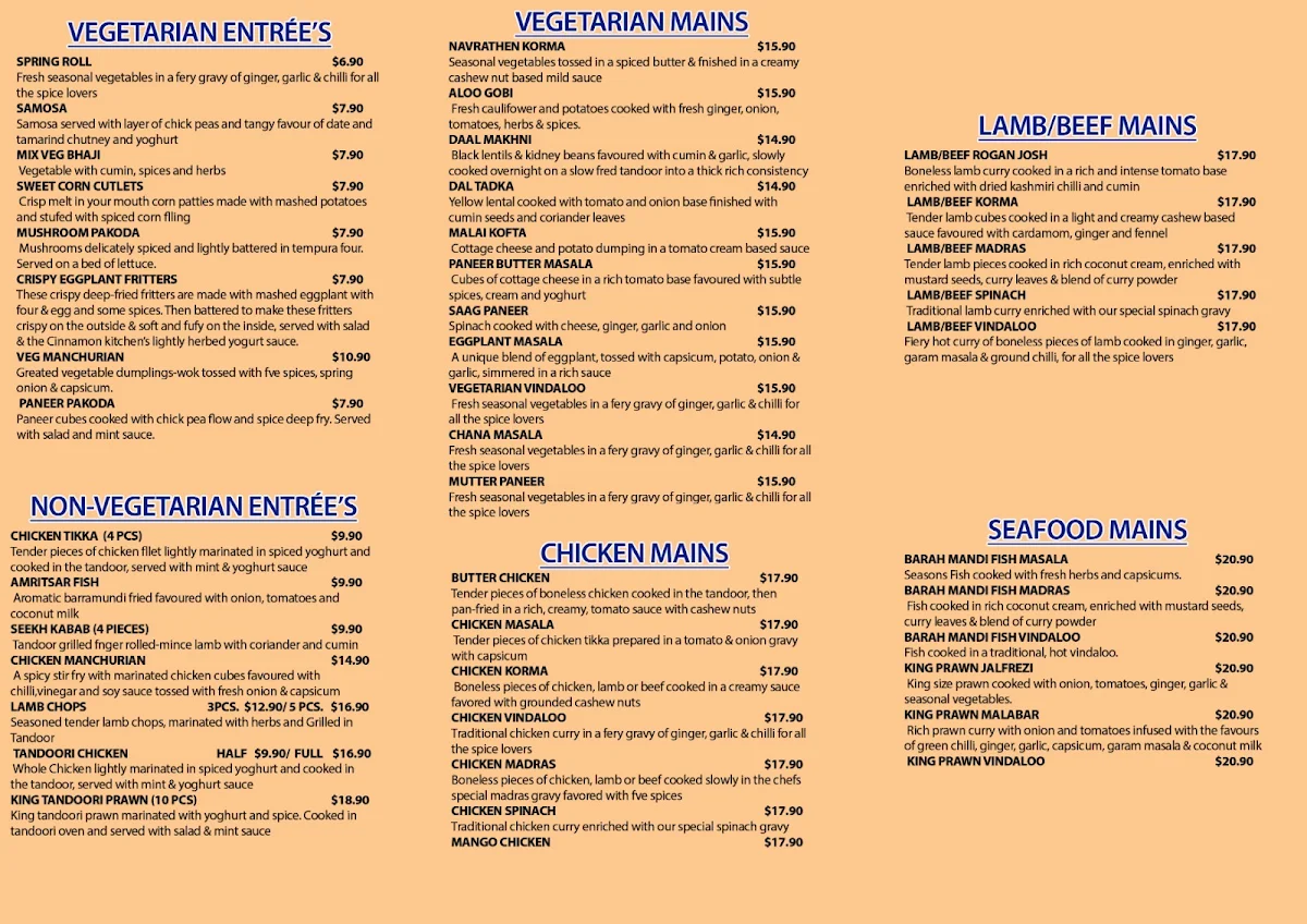 Menu, The Cinnamon Kitchen Seaford