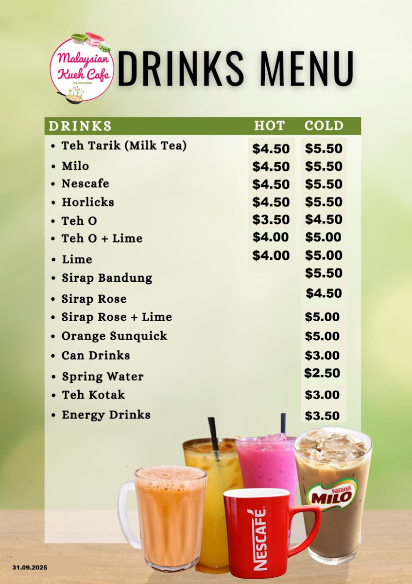 Menu, Malaysian Kueh Cafe