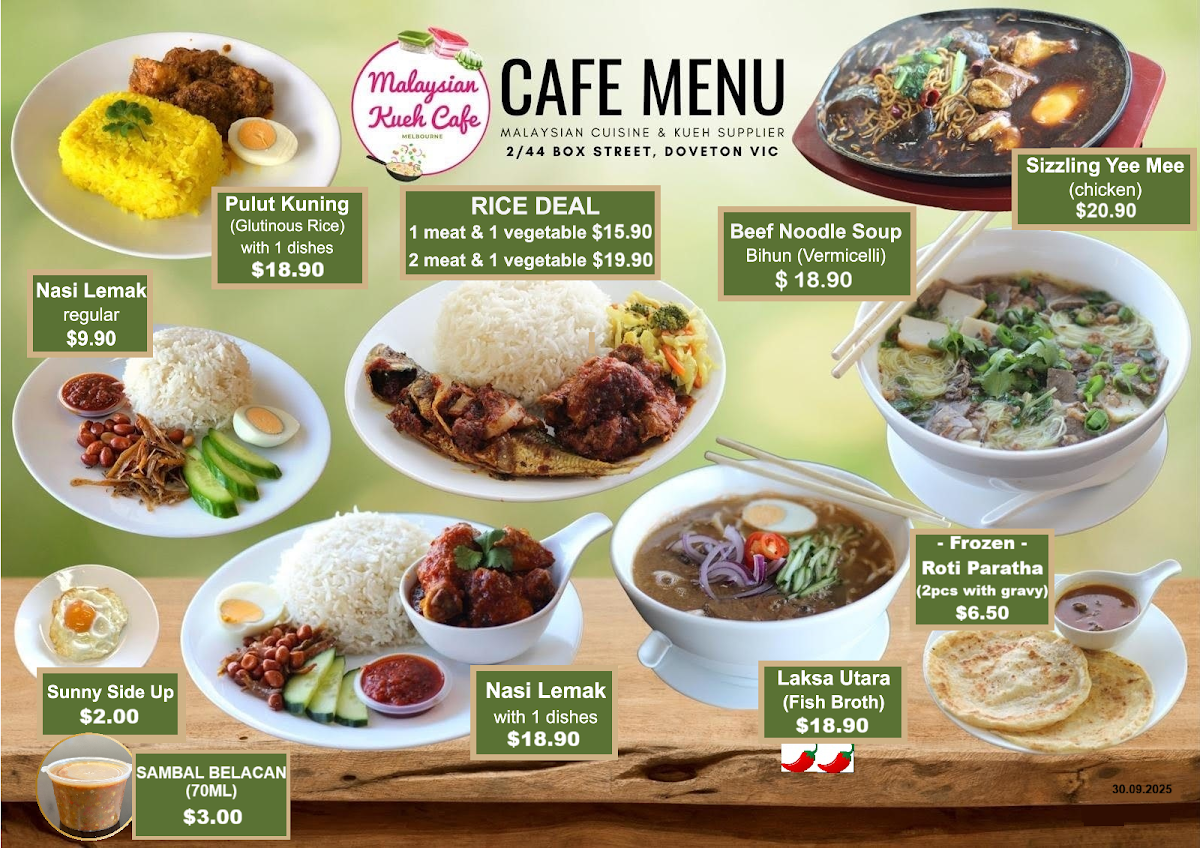 Menu, Malaysian Kueh Cafe