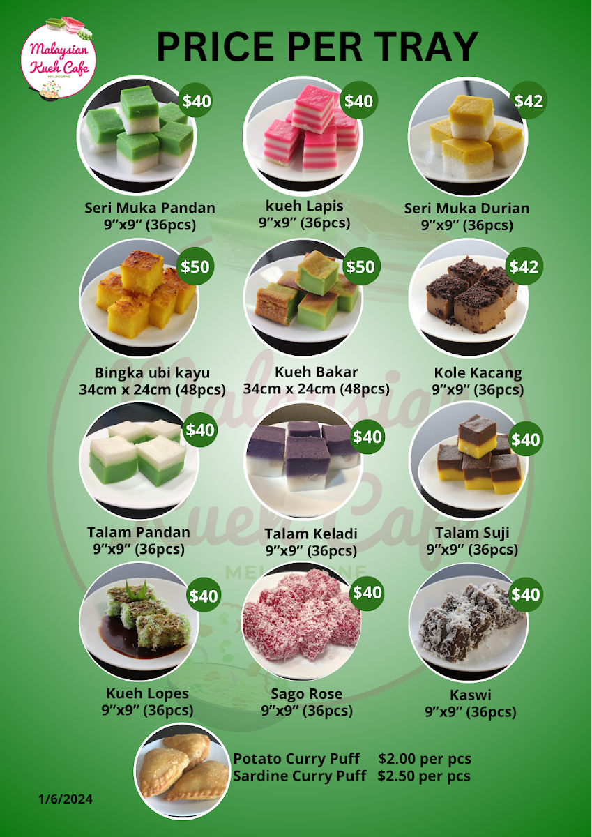 Menu, Malaysian Kueh Cafe