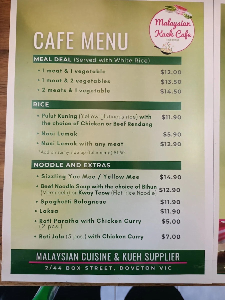 Menu, Malaysian Kueh Cafe