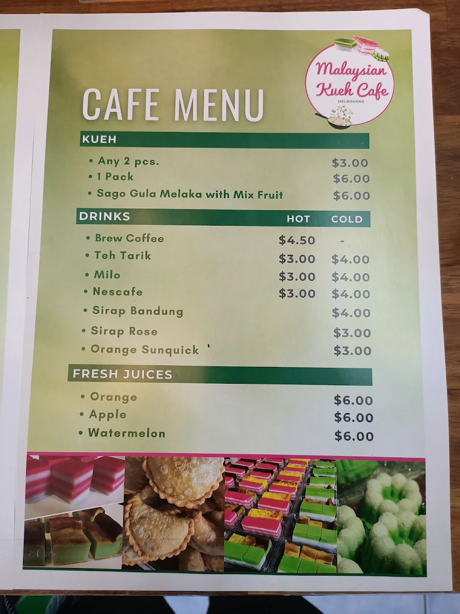 Menu, Malaysian Kueh Cafe