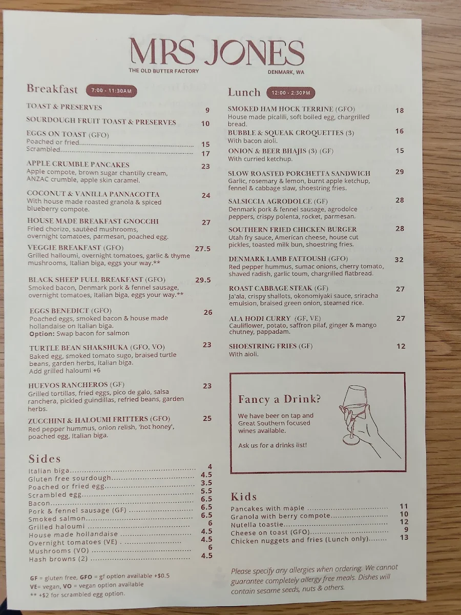 Menu, Mrs Jones