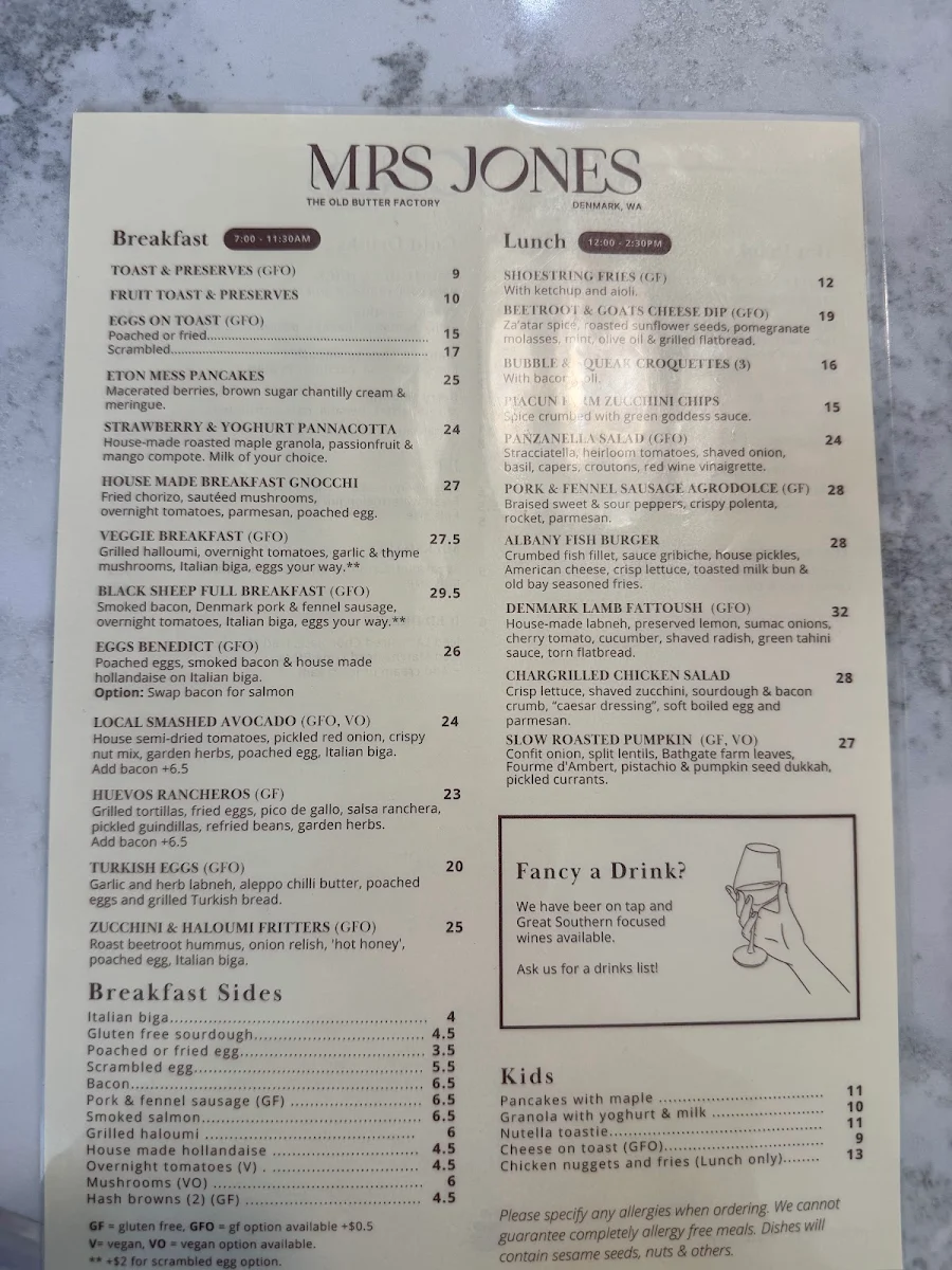 Menu, Mrs Jones