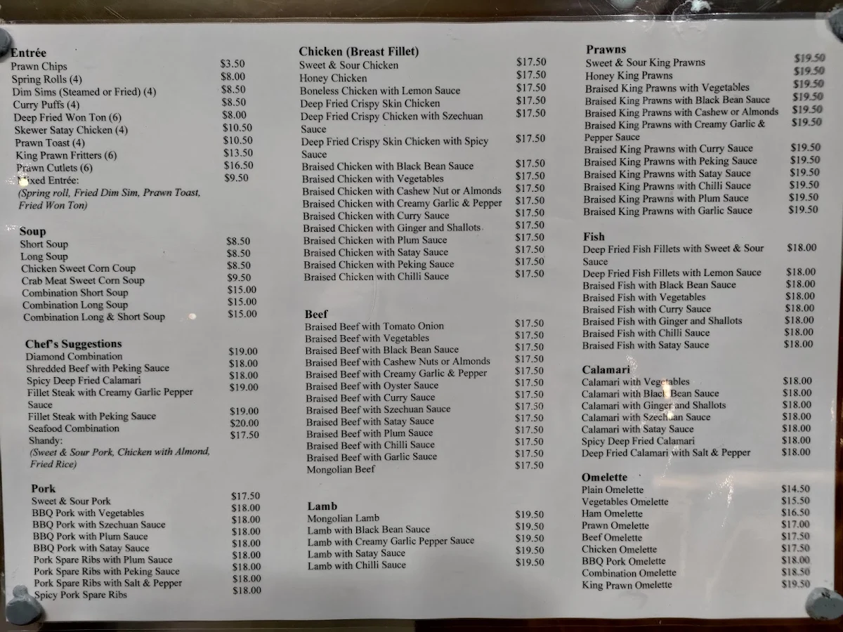 Menu, Diamond Chinese