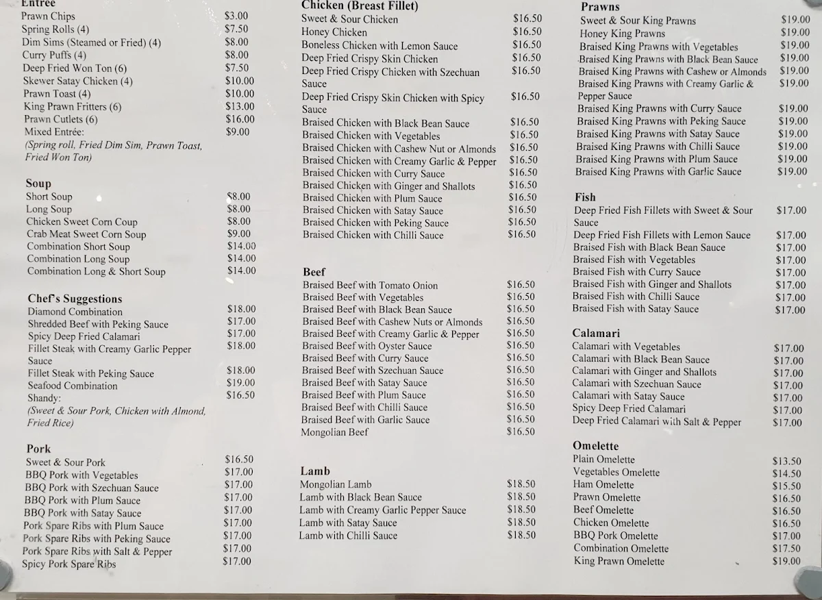 Menu, Diamond Chinese