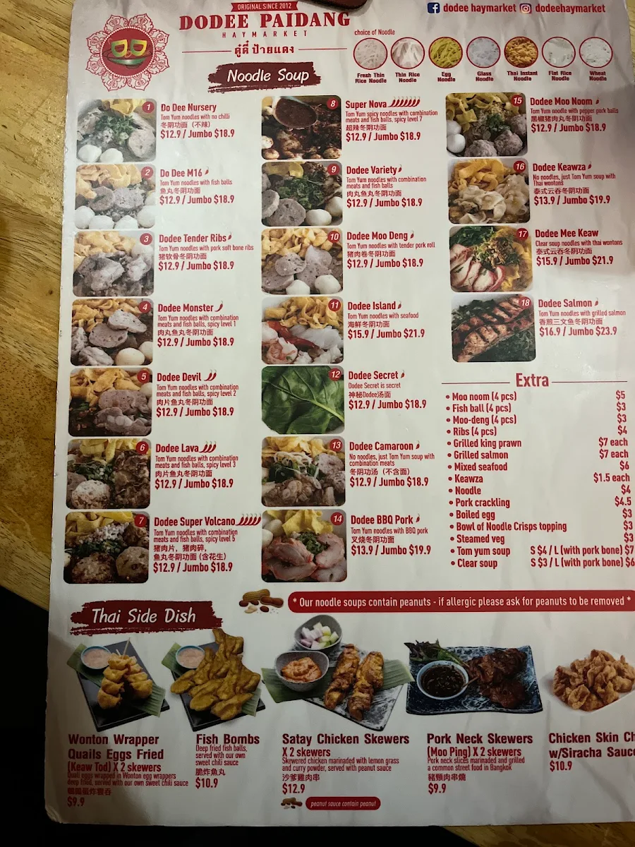Menu, Dodee Paidang Haymarket