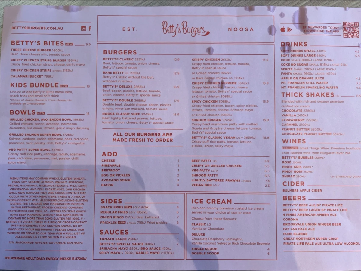 Menu, Betty's Burgers