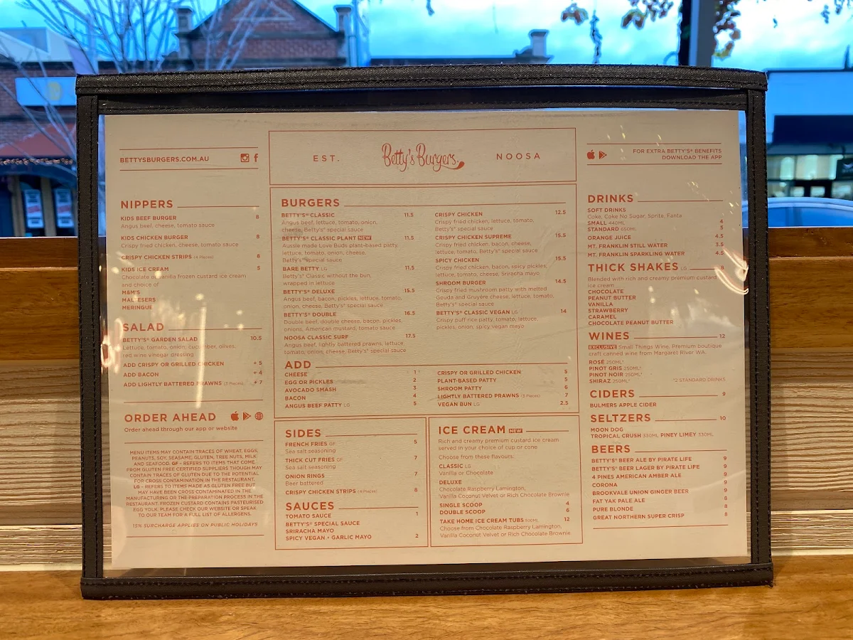 Menu, Betty's Burgers