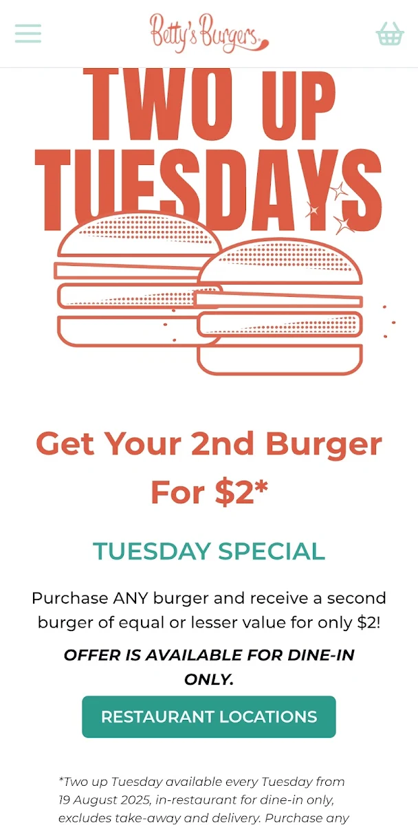 Menu, Betty's Burgers