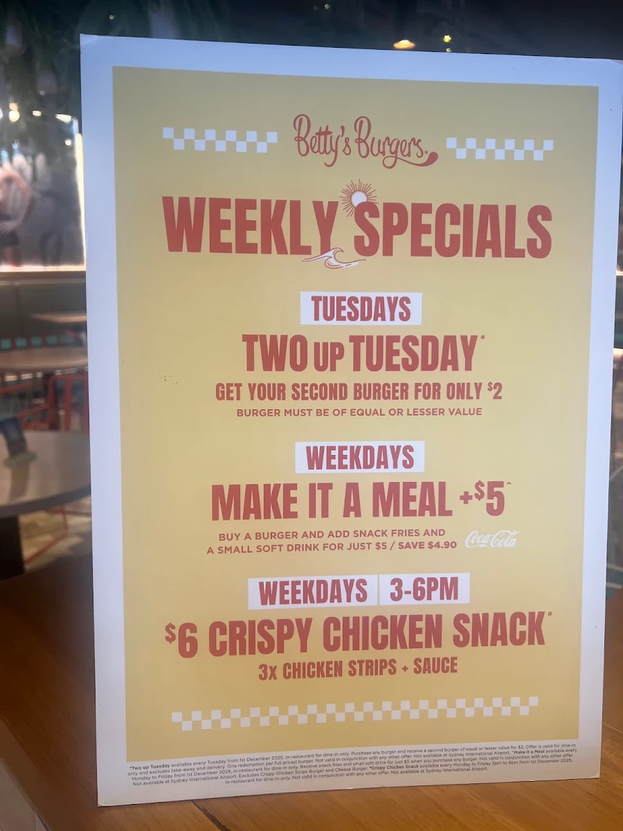 Menu, Betty's Burgers