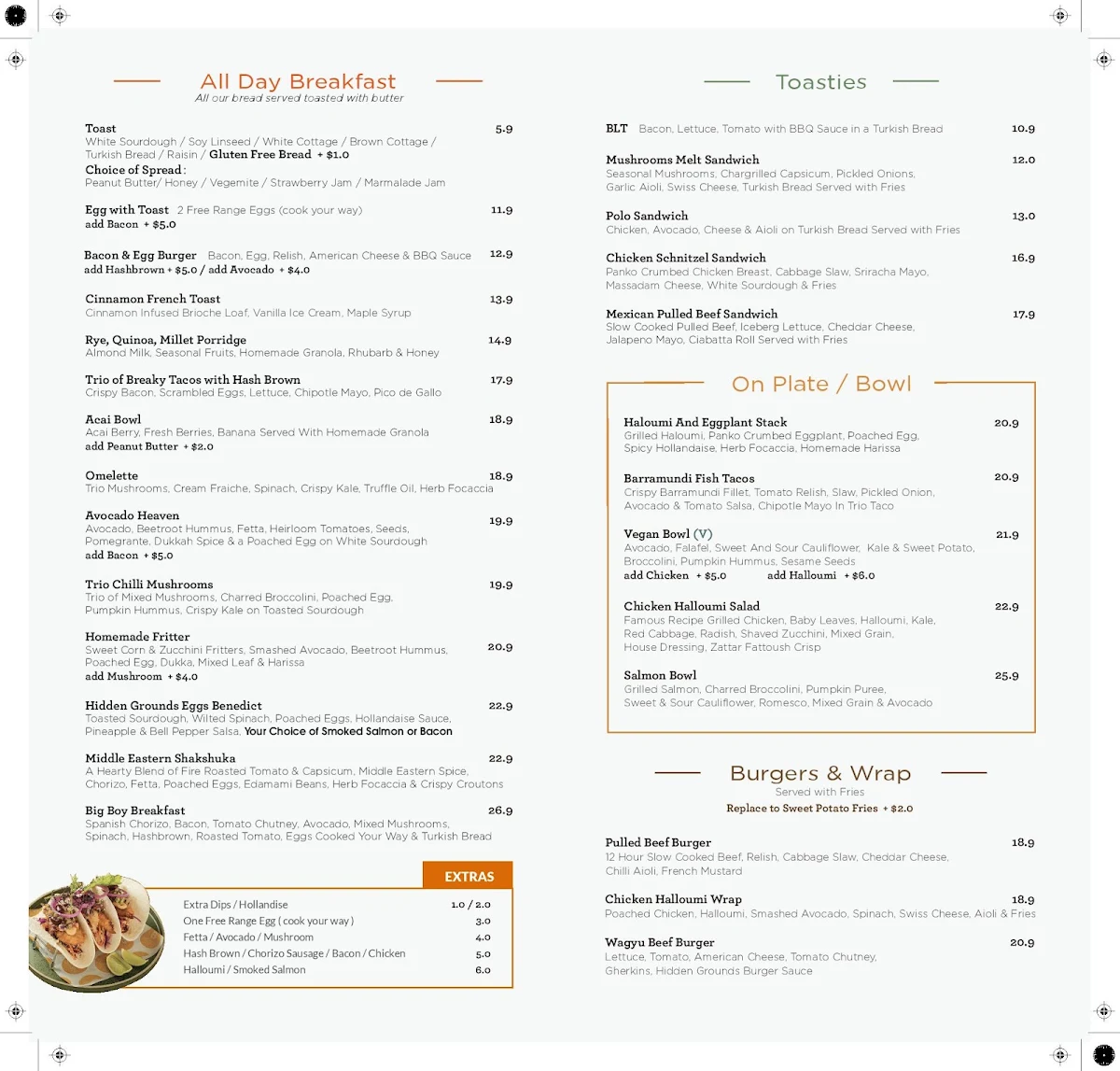 Menu, HIDDEN GROUNDS BRASSERIE
