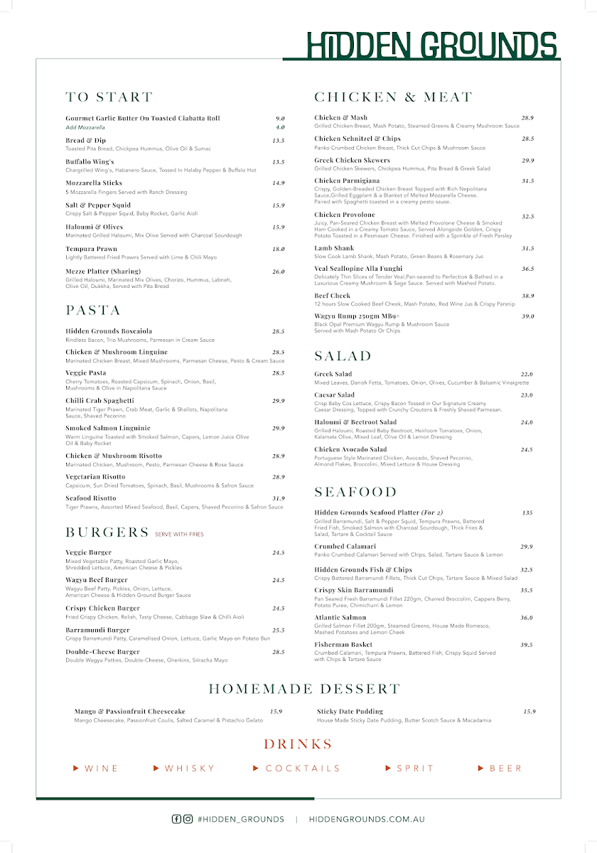 Menu, HIDDEN GROUNDS BRASSERIE