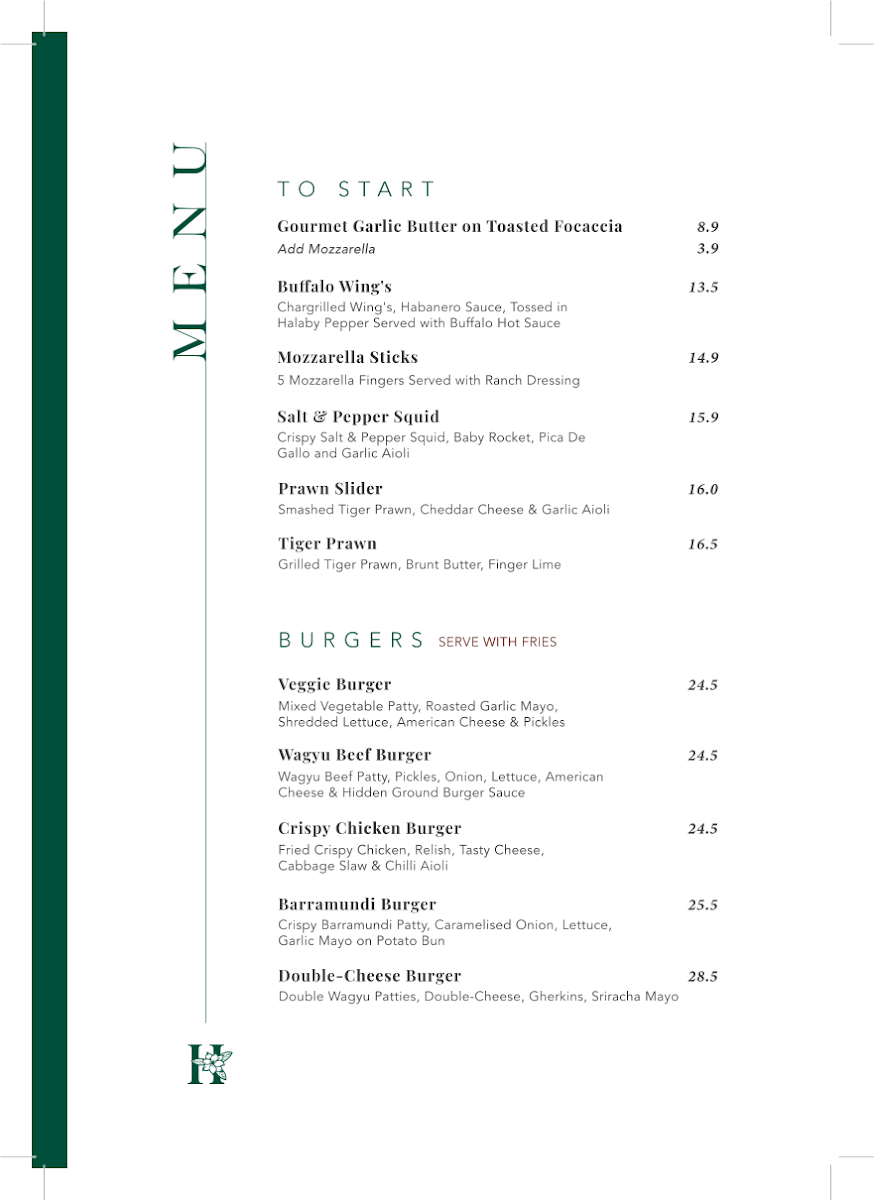 Menu, HIDDEN GROUNDS BRASSERIE