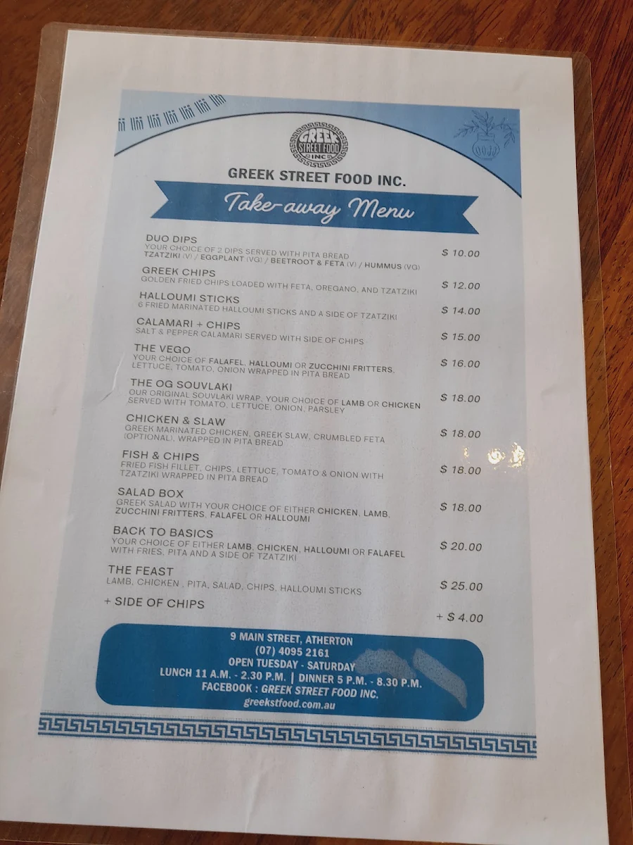 Menu, Greek Street Food Inc